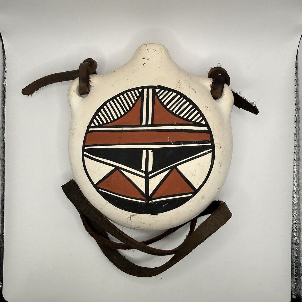 Vtg Southwestern Pueblo Style Studio Pottery Canteen Hand Painted Leather Strap